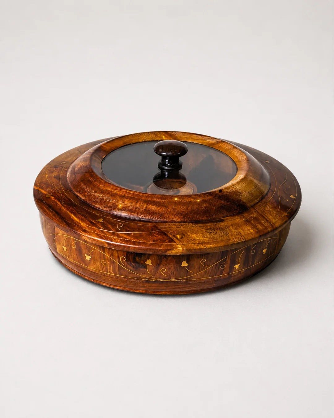 Wooden Dry Fruit Box with Glass Lid & Brass Art