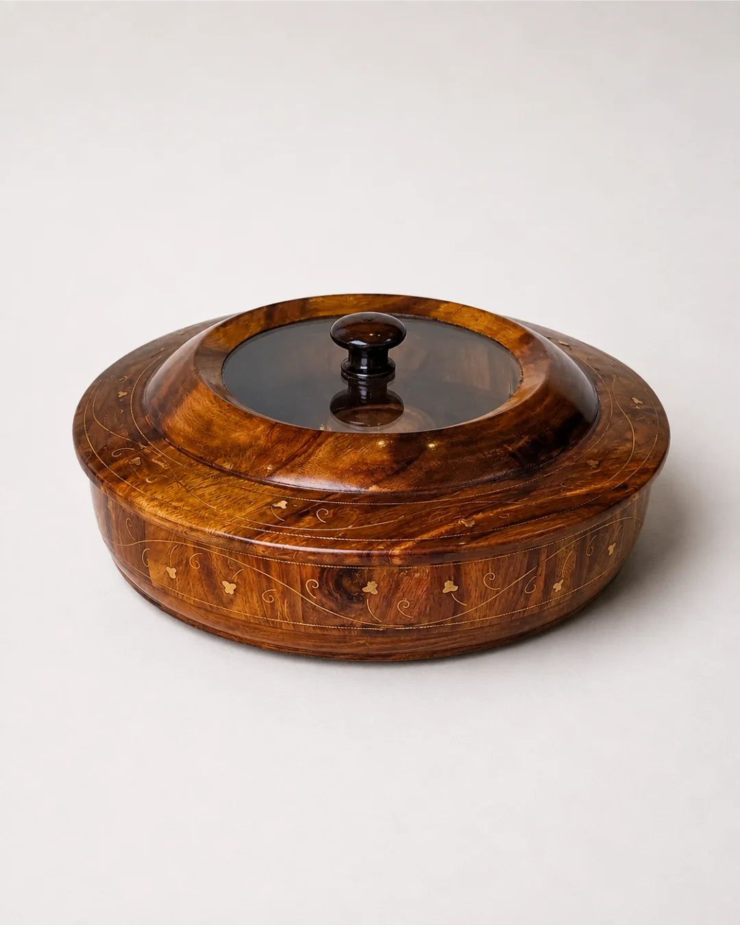 Wooden Dry Fruit Box with Glass Lid & Brass Art