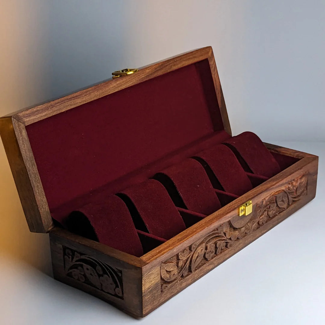Wooden Watch Box with Plain Top, Carving Art & Shape-Holding Cushions – Organizer for 5 Watches