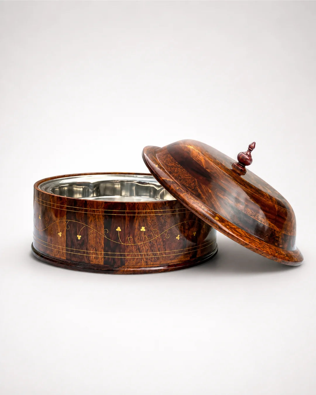 Rustic Handcrafted Wooden Hotpot — Intricate Brass Artistry on Sheesham Wood