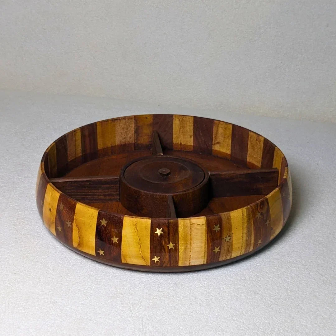 Handcrafted Striped Wooden Dry Fruit Box with Brass Art - Woodistan