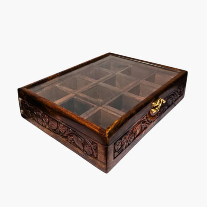 12 Portion Wooden Spices Box with Carving Art - Traditional Kitchen Storage