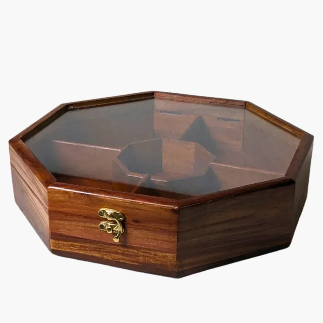 Wooden Octagon Dry Fruit Box with Glass Lid - Large - Woodistan