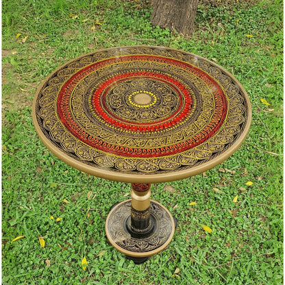 18″ Wooden Round Coffee Table – Regal Red Naqsheen Design