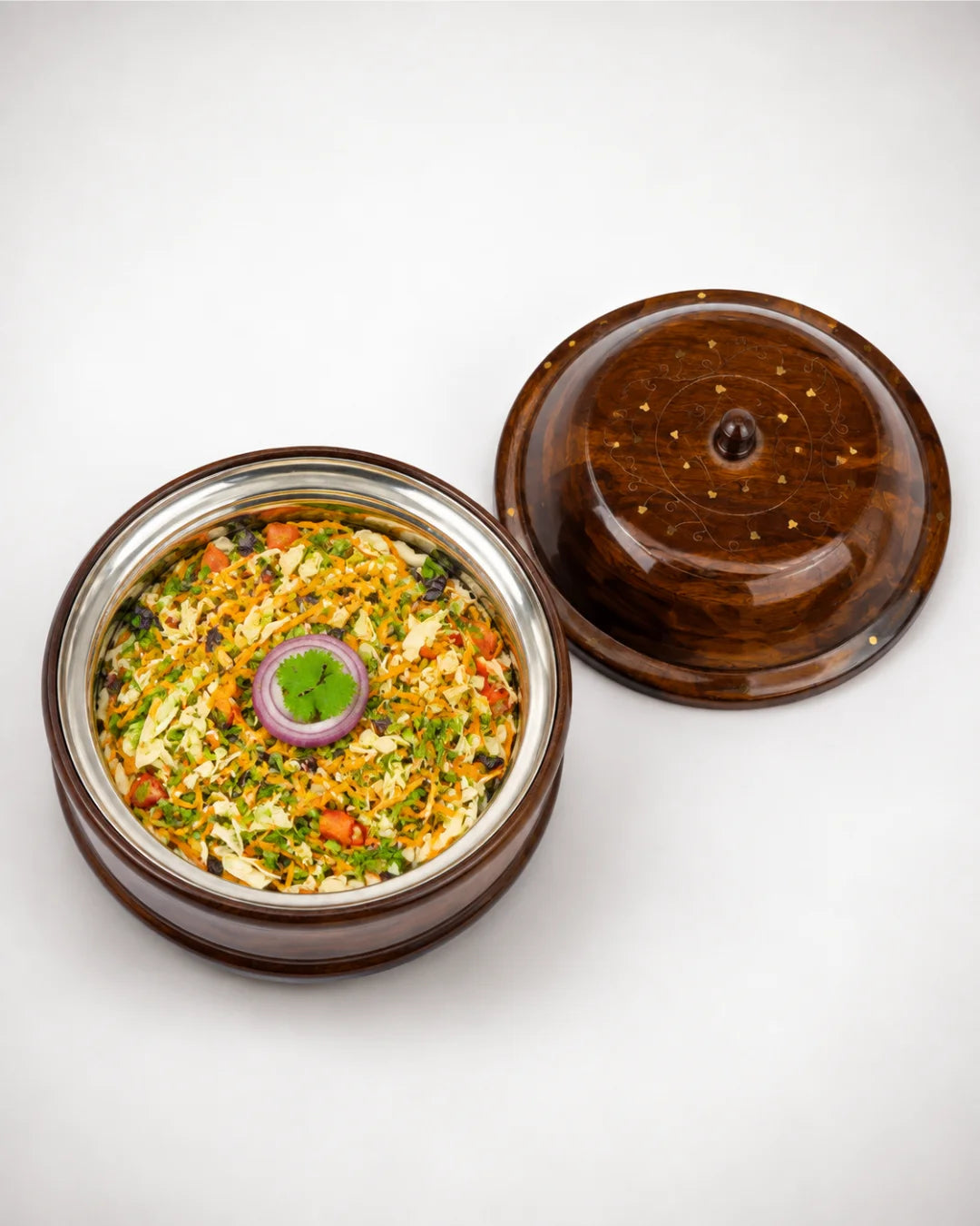 Rustic Handcrafted Wooden Hotpot — Intricate Brass Artistry on Sheesham Wood