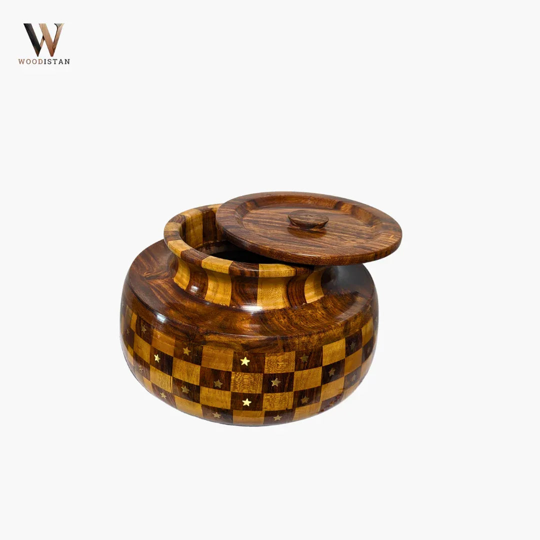 Handmade Wooden Daig Style Chapati Hotpot with Checkered Pattern - Woodistan