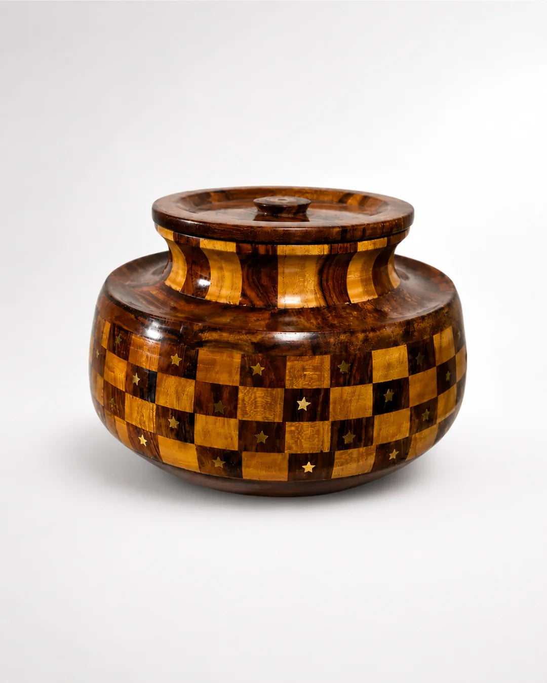 Handcrafted Wooden Daig-Style Hotpot — Checkered Pattern, Deeper Capacity for Large Families
