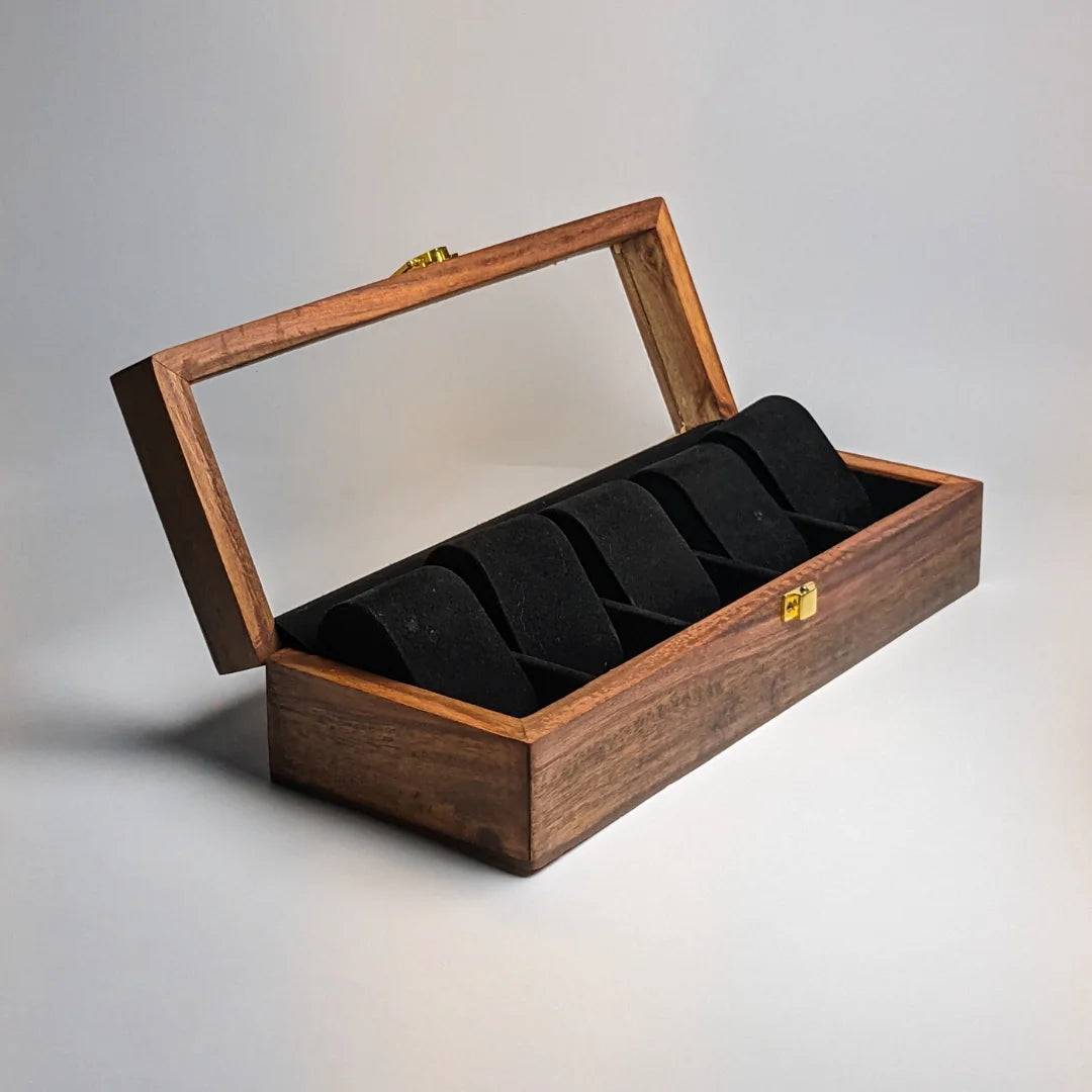 Wooden Watch Box with Glass Lid & Shape-Holding Cushions – Organizer for 5 Watches