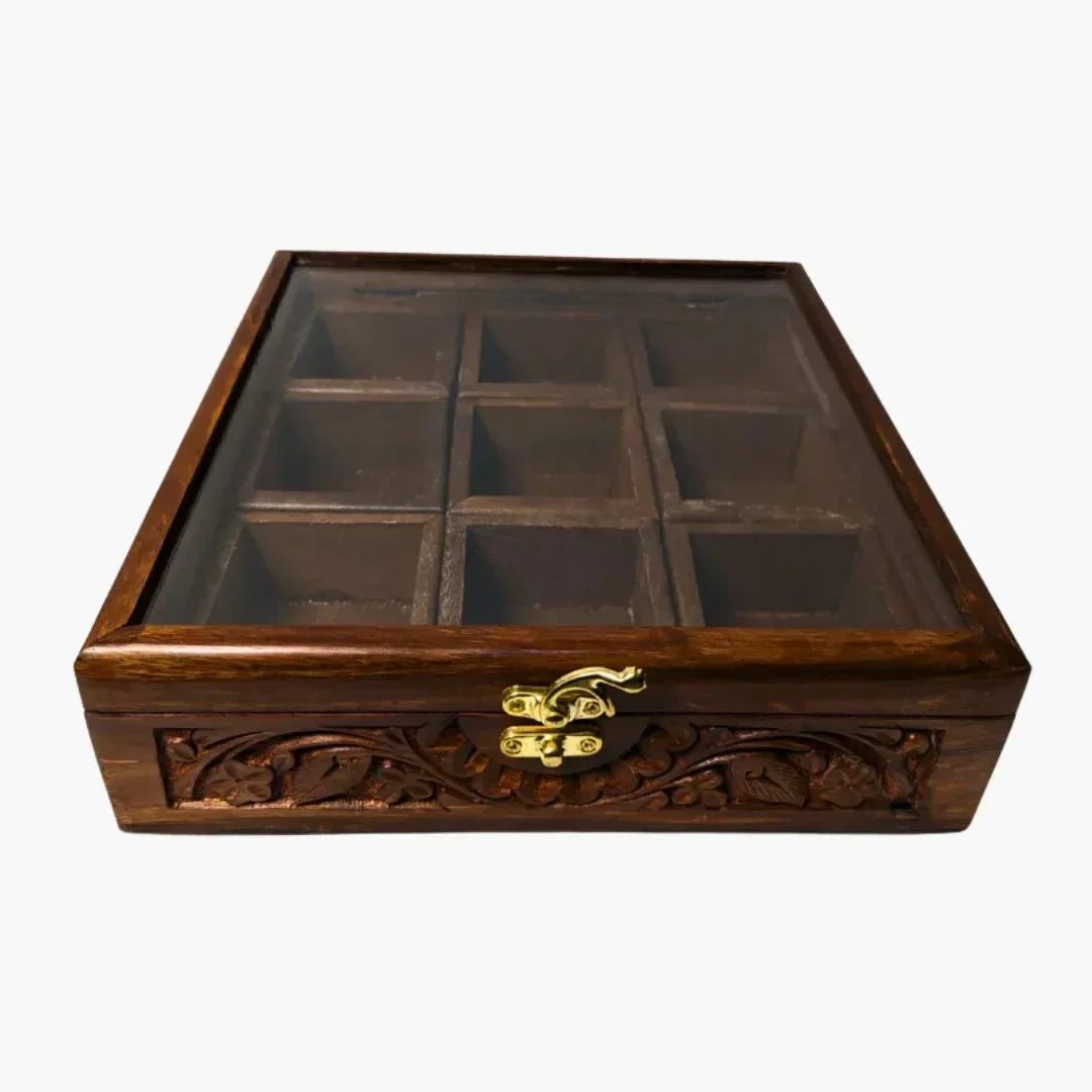 9 Portion Wooden Carved Spice Storage - Woodistan