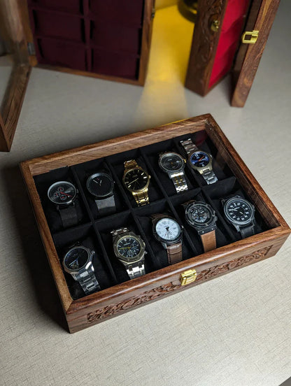 Wooden Watch Box with Glass Lid & Carving Art - Organizer for 10 Watches