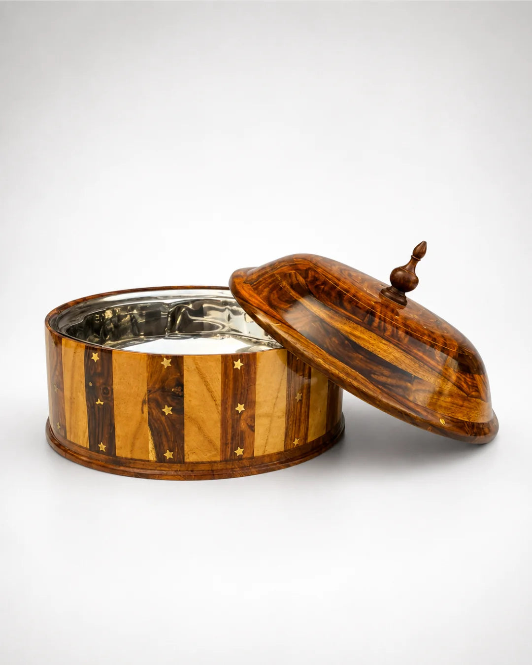 Handcrafted Wooden Striped Hotpot with Stainless Steel Inner Bowl — Warm Food, Easy Clean