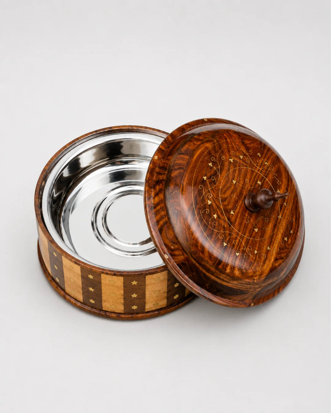 Handcrafted Wooden Striped Hotpot with Stainless Steel Inner Bowl — Warm Food, Easy Clean