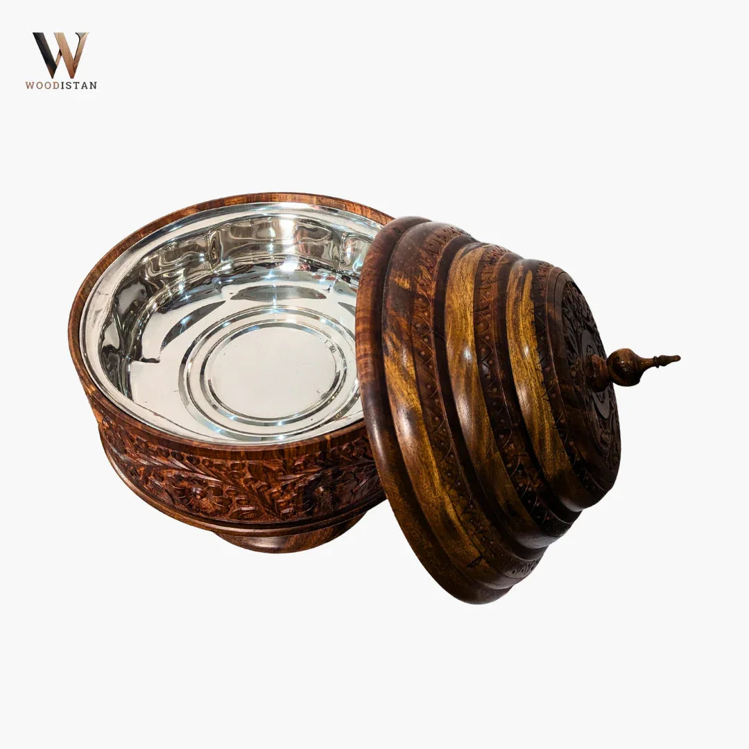 Colossal Wooden Hotpot with Carving Art and Stainless Steel Bowl - Woodistan