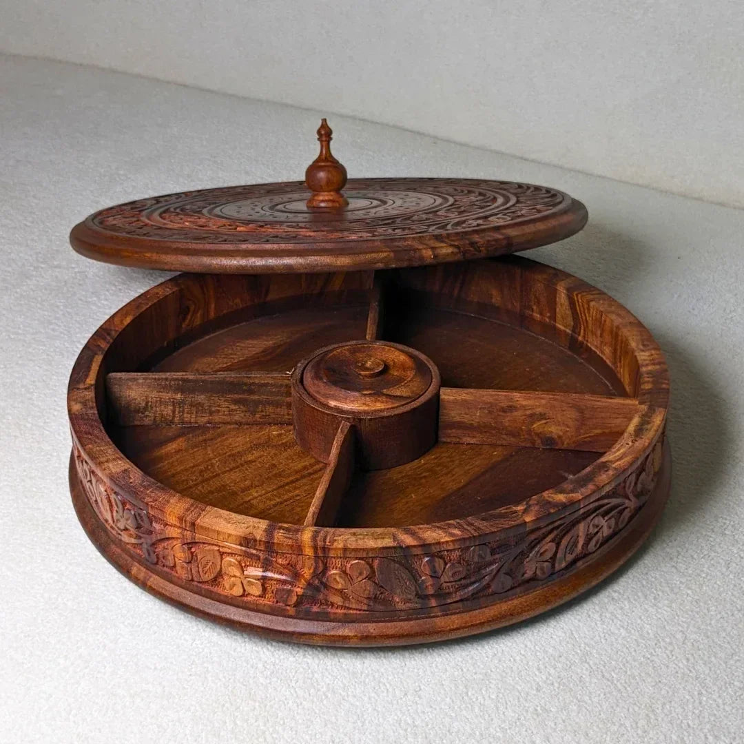 Handcrafted Wooden Dry Fruit Box with Traditional Carving - Woodistan