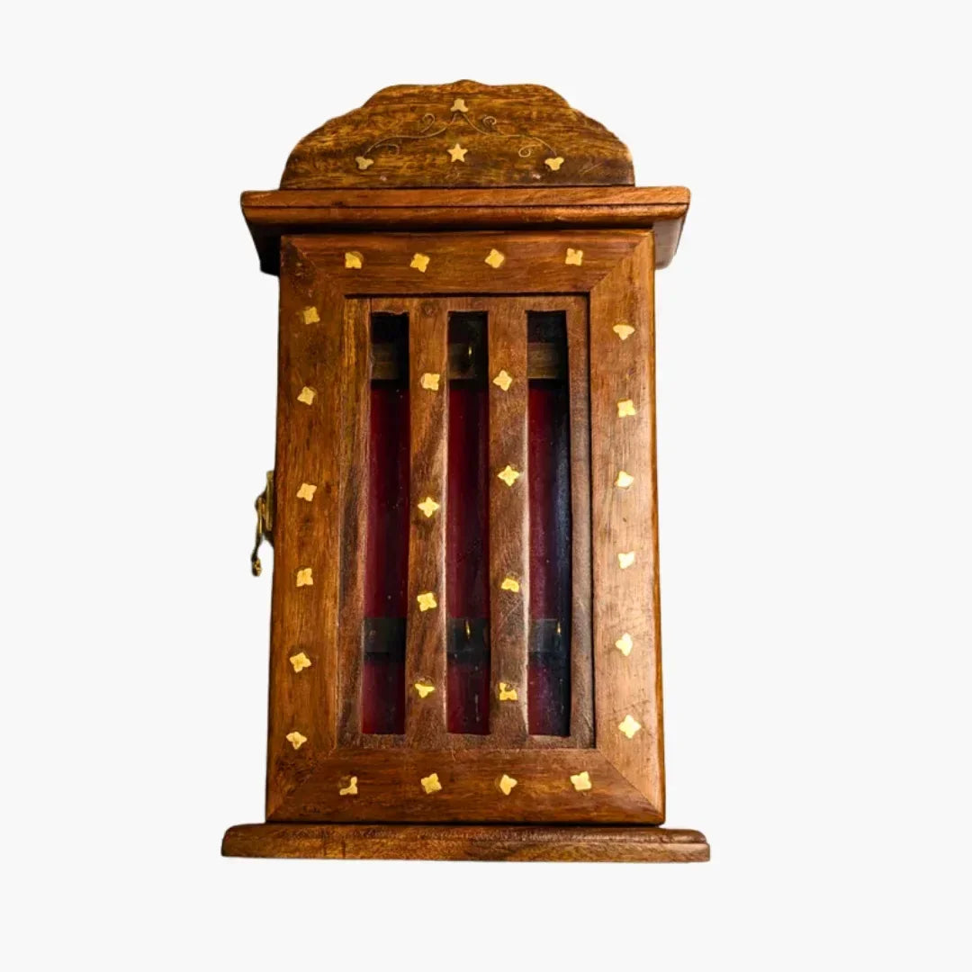 Handmade Wooden Wall Mounted Key Box with Glass Panel and 6 Key Hooks - Woodistan