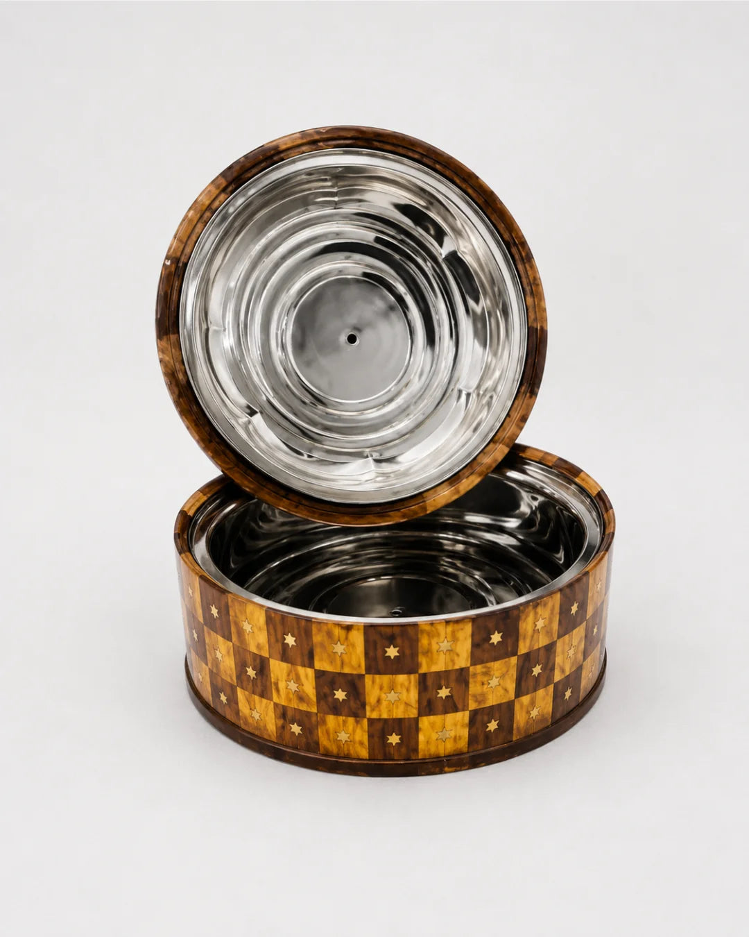Handcrafted Wooden Checkered Hotpot with Stainless Steel Inner Bowl — Hygienic, Beautiful, Warm