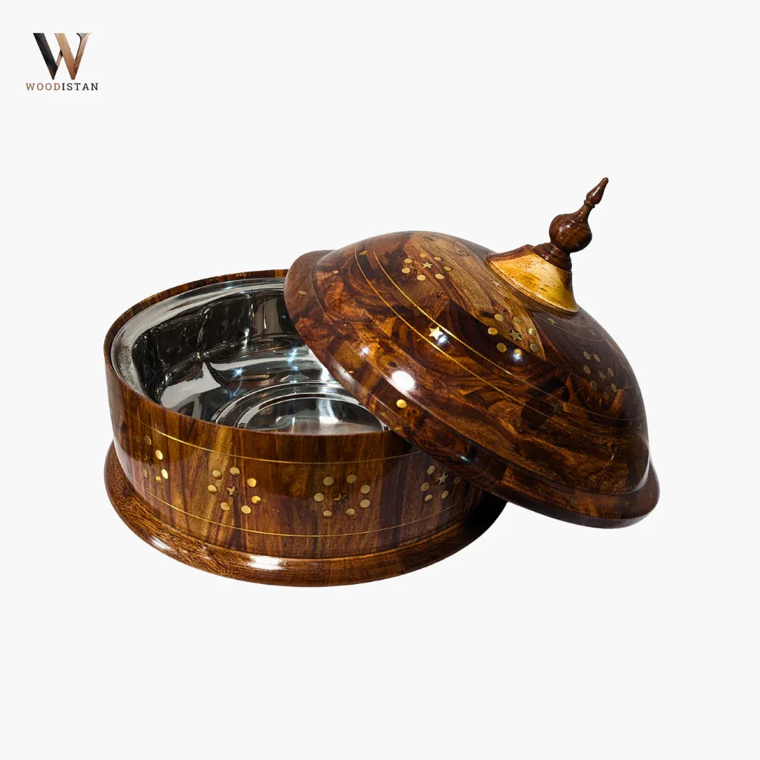 Handmade Wooden Dome Hotpot with Steel Bowl & Brass Art - Woodistan