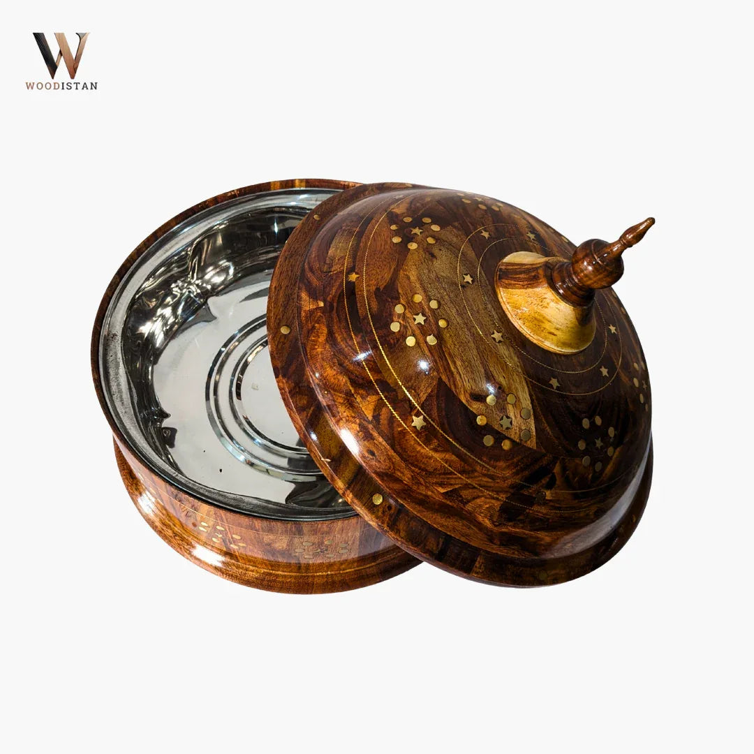 Handmade Wooden Dome Hotpot with Steel Bowl & Brass Art - Woodistan