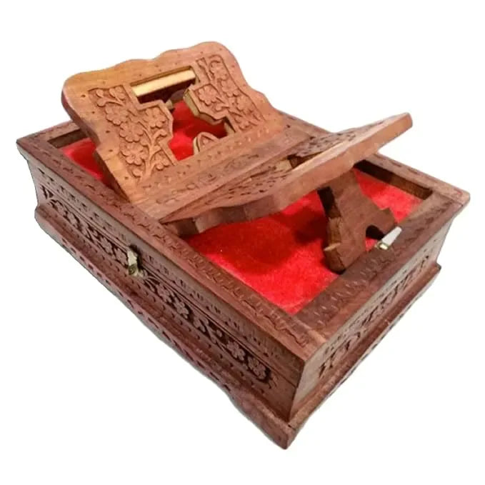 Handmade Wooden Quran Box with Carving Art & Rehal Stand - 2 in 1 Quran Holder & Storage - Woodistan