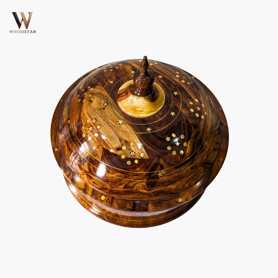 Handmade Wooden Dome Hotpot with Steel Bowl & Brass Art - Woodistan