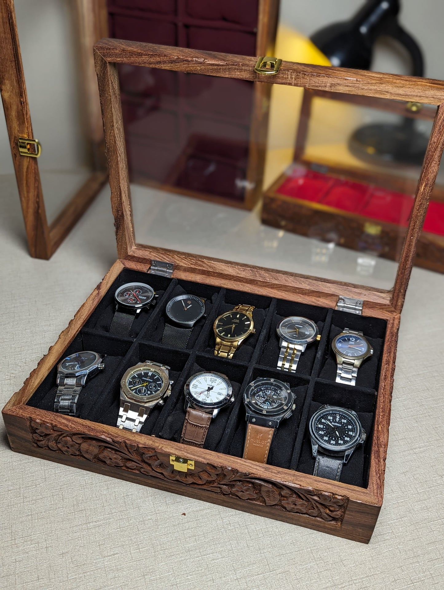 Handmade Wooden Watch Organizer Box with Glass Lid & Carving Art - for 10 Watches