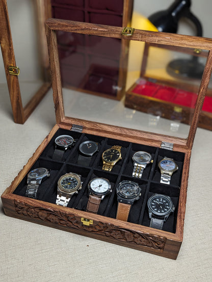 Wooden Watch Box with Glass Lid & Carving Art - Organizer for 10 Watches