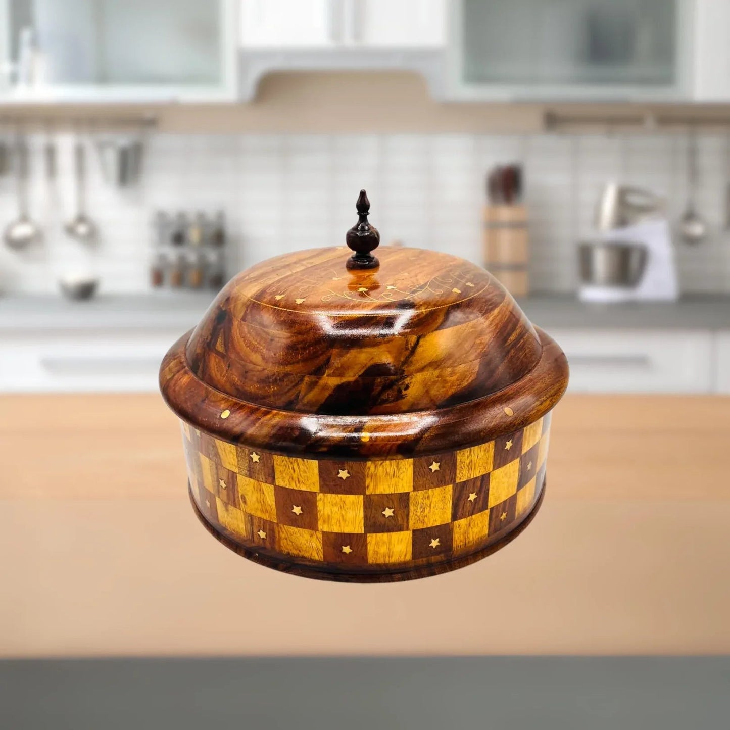 Wooden Handmade Checkered Hot Pot with Steel Bowl - Woodistan