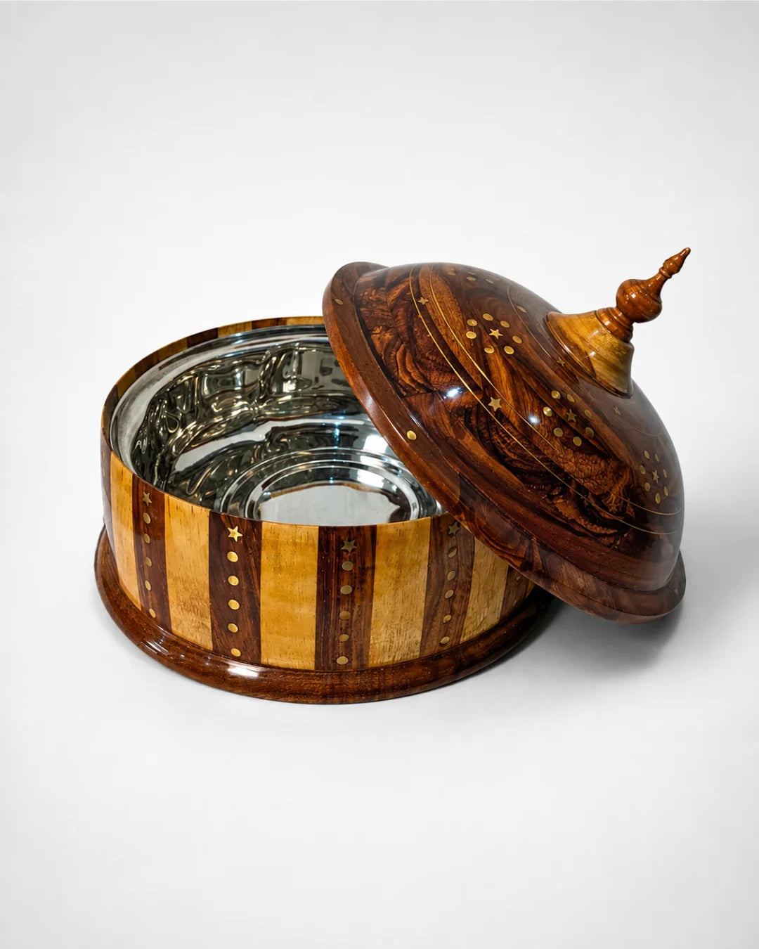 Handcrafted Wooden Dome Hotpot — Striped Design with Stainless Steel Inner Bowl