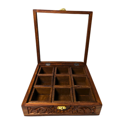 9 Portion Wooden Carved Spice Storage - Woodistan