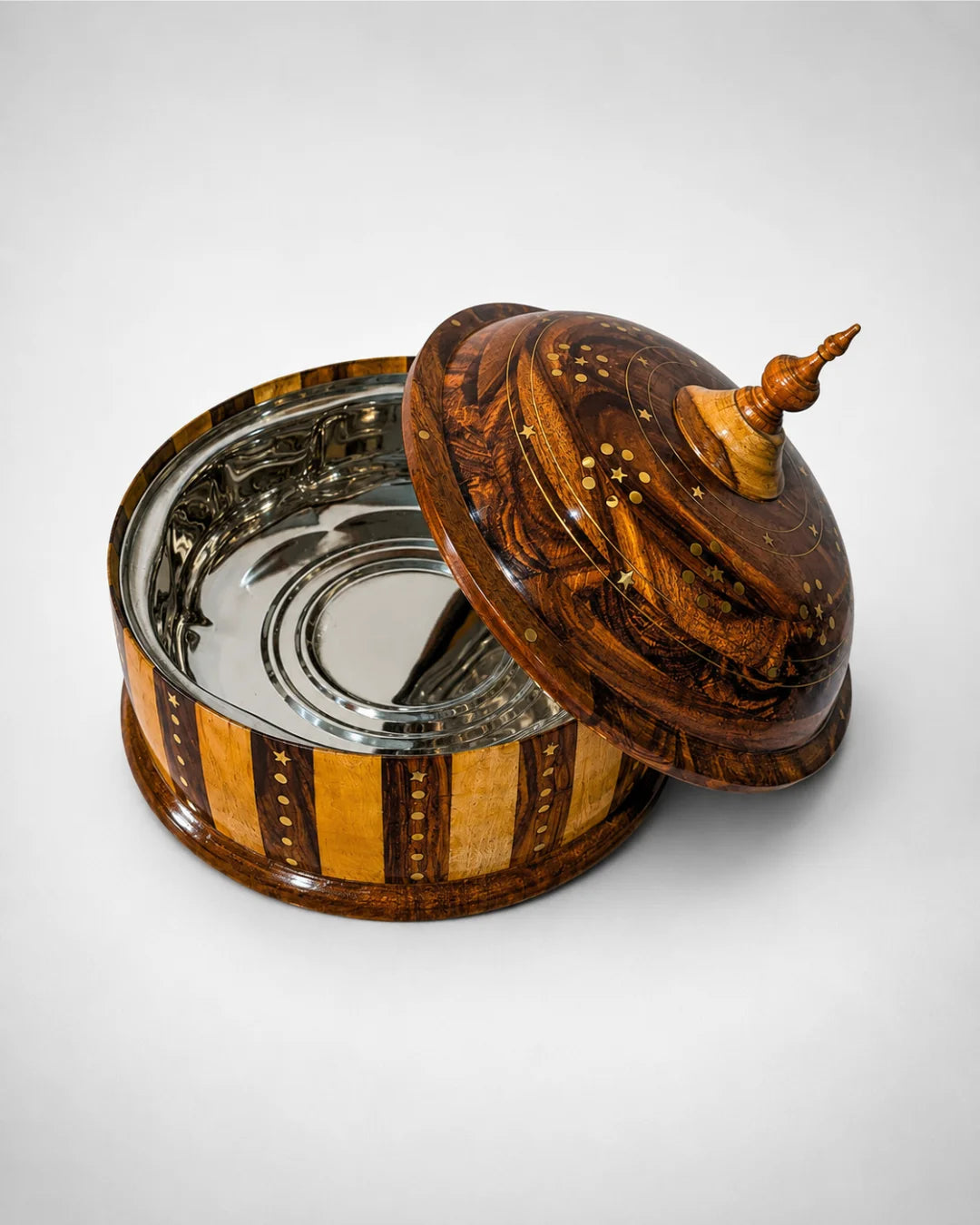 Handcrafted Wooden Dome Hotpot — Striped Design with Stainless Steel Inner Bowl