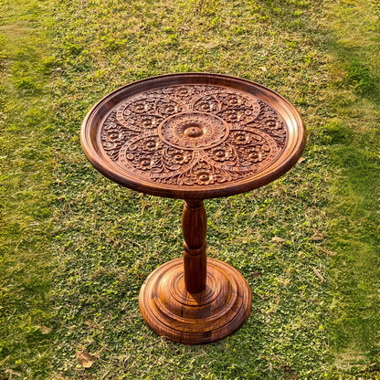 18″ Wooden Round Coffee Table – Carving Art