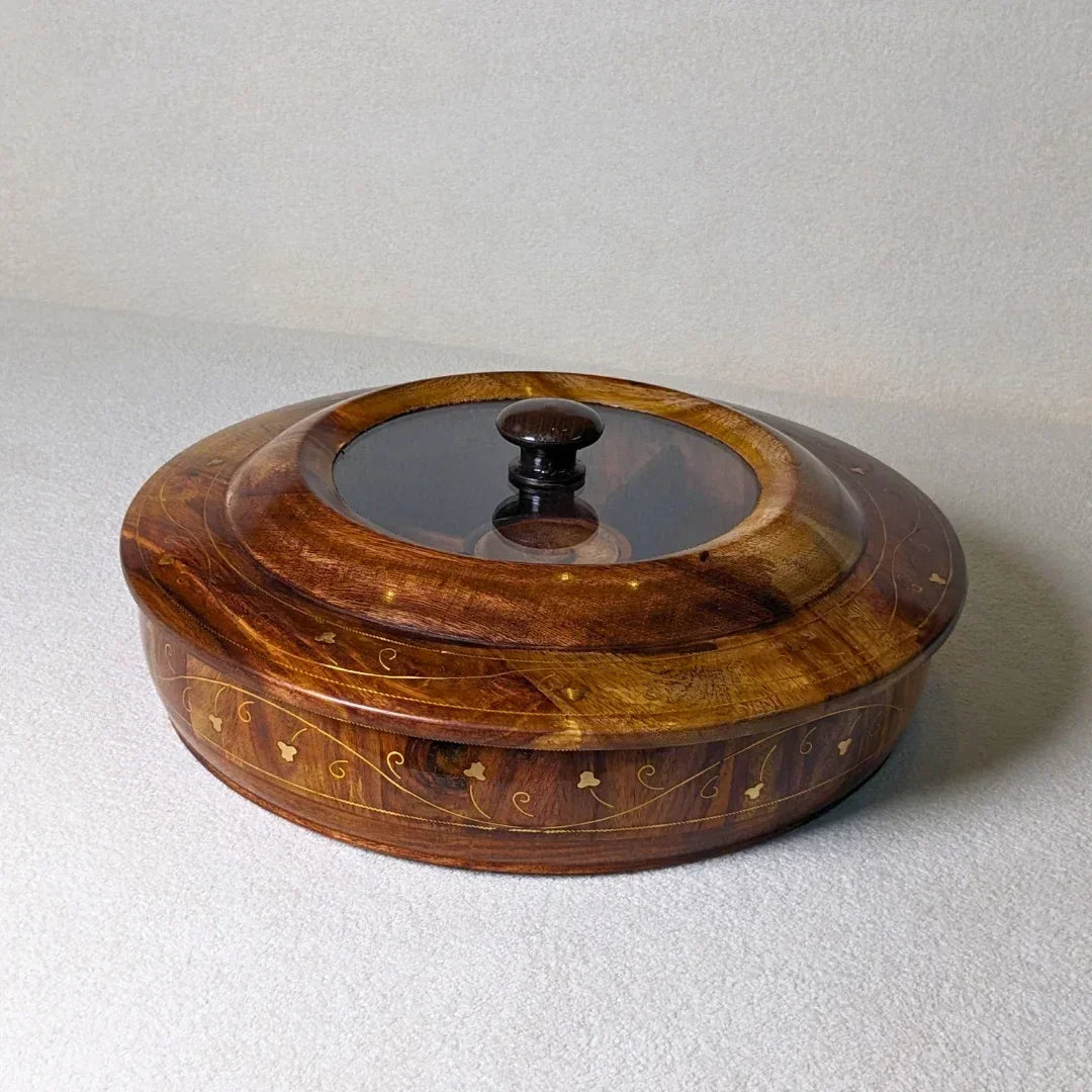 Wooden Dry Fruit Box with Glass Lid & Brass Art - Woodistan