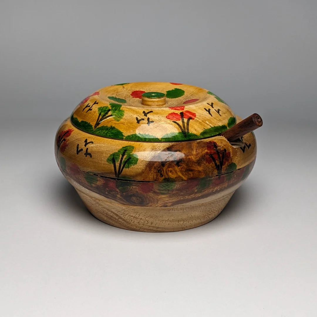 Hand-Painted Wooden Sugar Pot with Lid & Spoon