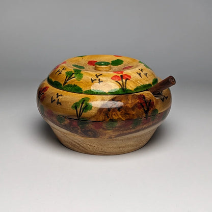 Hand-Painted Wooden Sugar Pot with Lid & Spoon