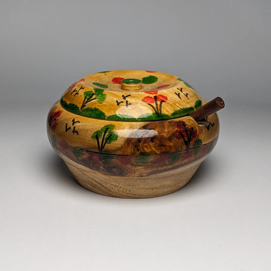 Hand-Painted Wooden Sugar Pot with Lid & Spoon