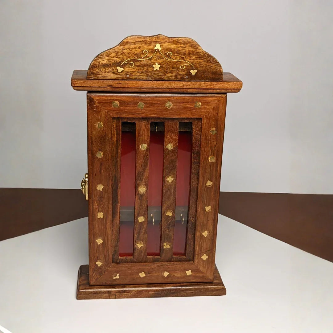 Handmade Wooden Wall Mounted Key Box with Glass Panel and 6 Key Hooks - Woodistan