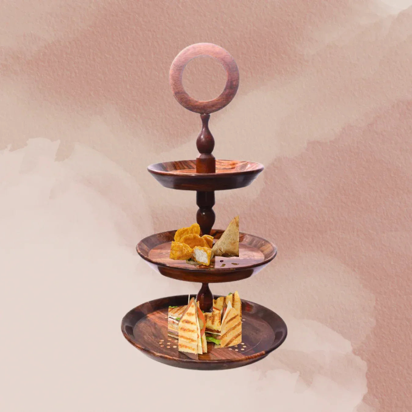 Wooden 3 Tier Round Serving Station - with Brass Engraving - Woodistan