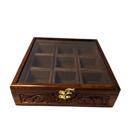 9 Portion Wooden Carved Spice Storage - Woodistan