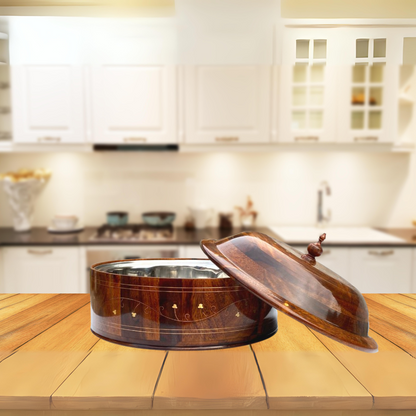 Rustic Wooden Hotpot with Intricate Brass Artistry
