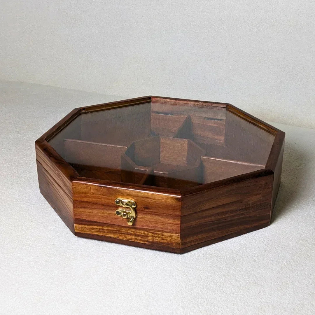 Wooden Octagon Dry Fruit Box with Glass Lid - Large - Woodistan