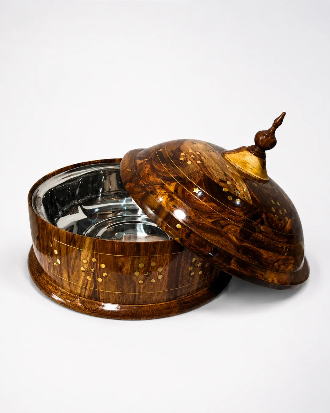 Handcrafted Wooden Dome Hotpot — Brass Artwork with Stainless Steel Inner Bowl
