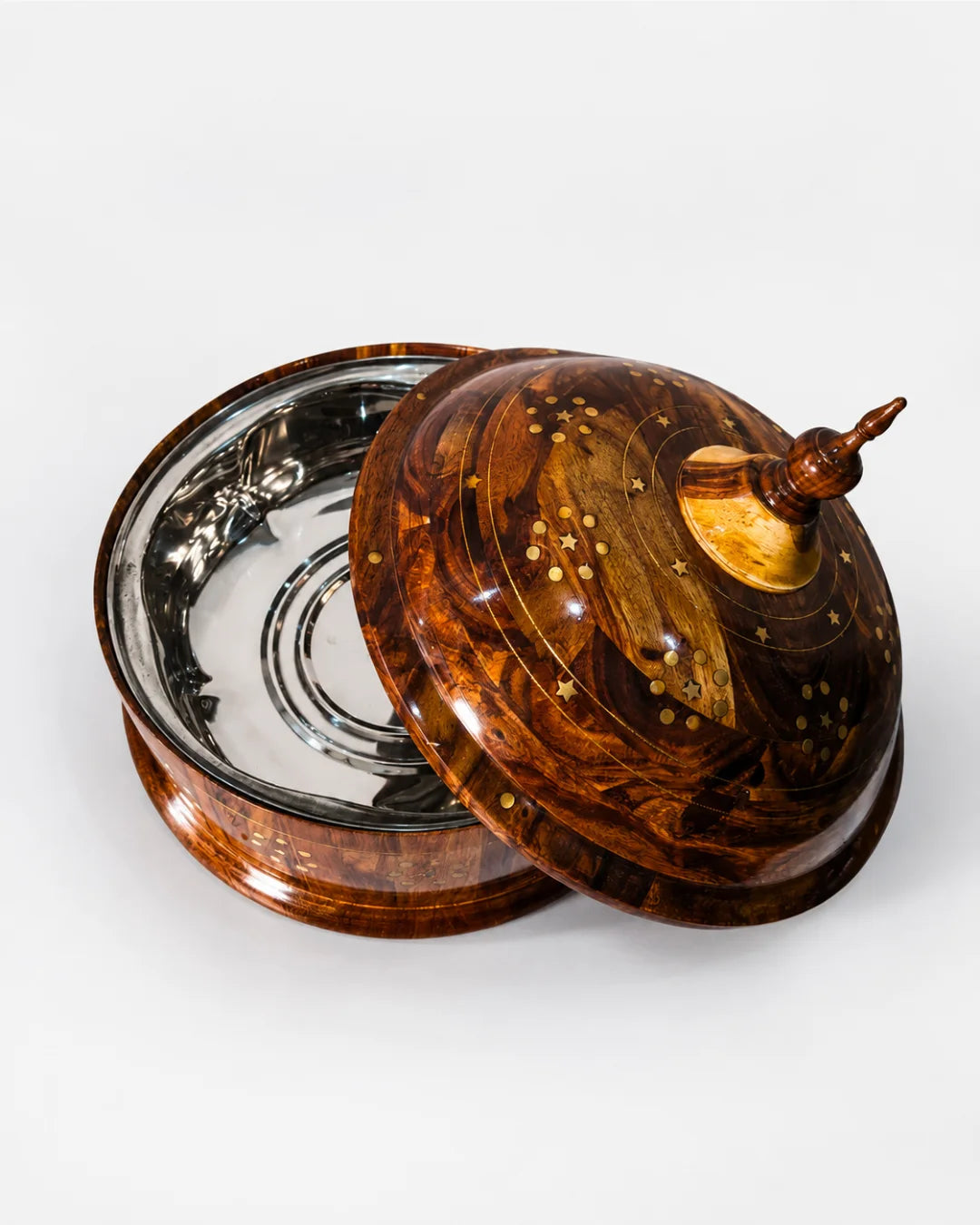 Handcrafted Wooden Dome Hotpot — Brass Artwork with Stainless Steel Inner Bowl