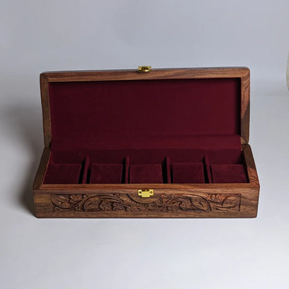Wooden Watch Box with Plain Top, Carving Art & Shape-Holding Cushions – Organizer for 5 Watches