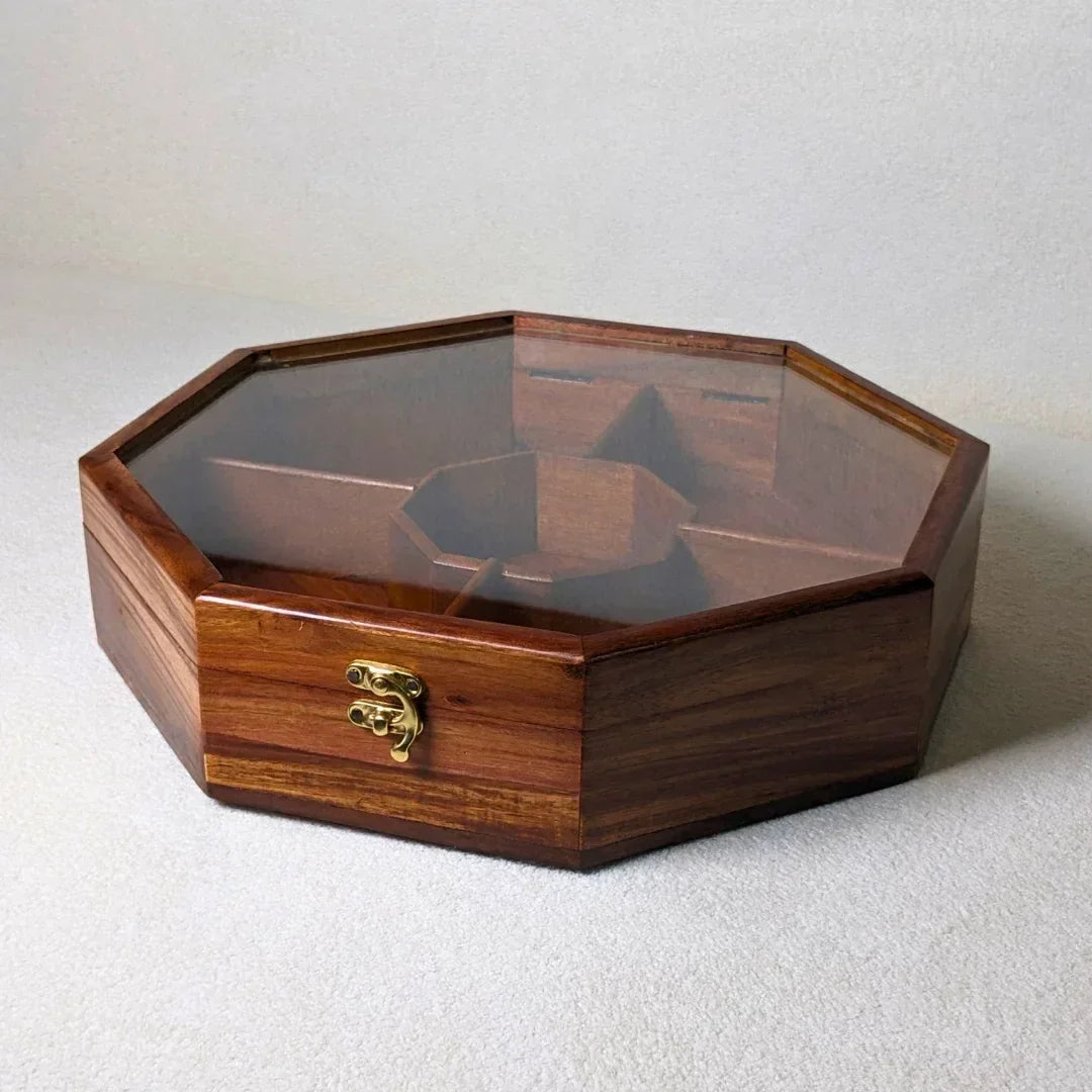 Wooden Octagon Dry Fruit Box with Glass Lid - Large - Woodistan