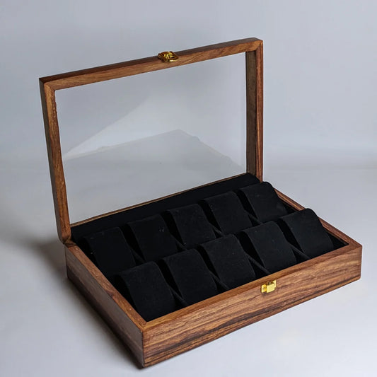 Wooden Watch Box with Glass Lid, Plain Design & Shape-Holding Cushions – Organizer for 10 Watches