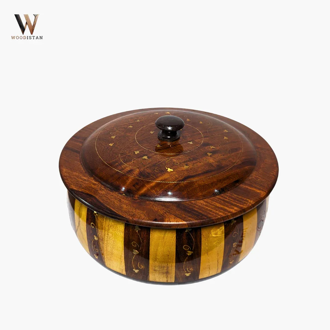 Handmade Wooden Striped Chapati Hotpot with Brass Artistry - Woodistan