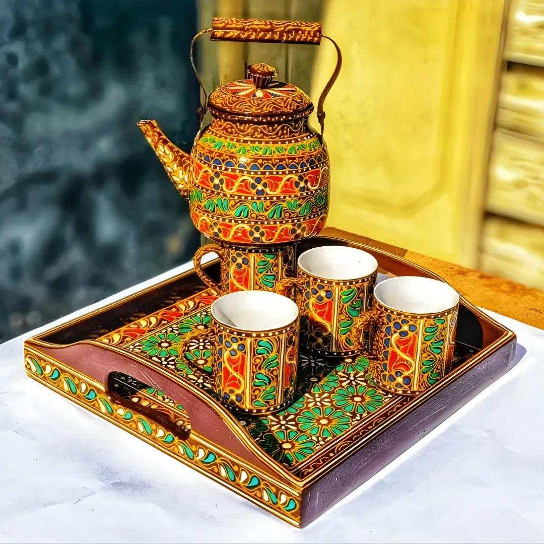 Hand-Painted Swati Art Tea Set | Metal Kettle, Wooden Tray & 4 Ceramic Tea Cups - Woodistan