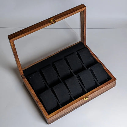 Wooden Watch Box with Glass Lid, Plain Design & Shape-Holding Cushions – Organizer for 10 Watches
