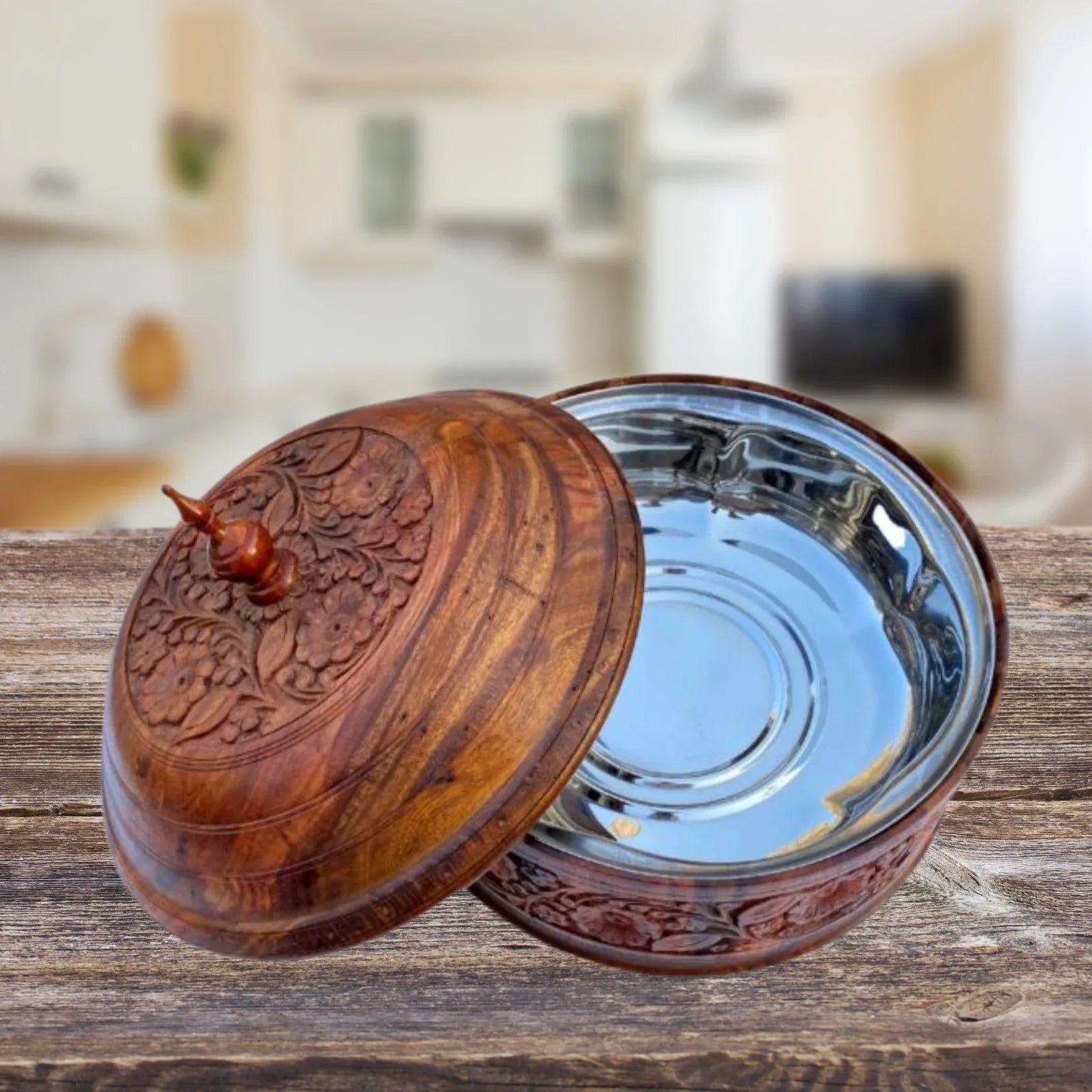 Rustic Hand-Carved Wooden Hotpot with Steel Bowl - Woodistan