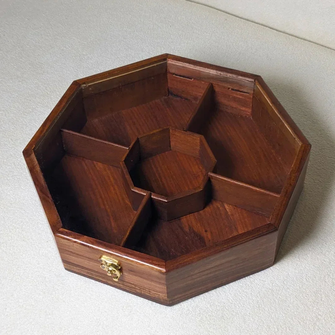Wooden Octagon Dry Fruit Box with Glass Lid - Large - Woodistan